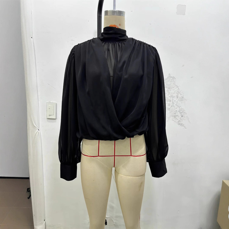 Batch of Translucent Pleated Balloon Shirts for Women Winter New Design Fashionable Stand-Up Collar Short Tops 3666187