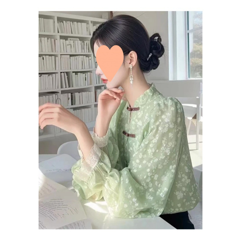 여성을위한 녹색 새로운 중국 스타일 쉬폰 셔츠 2025 봄 새로운 스타일 슈퍼 멋진 독특한 아름다운 디자인 틈새 탑