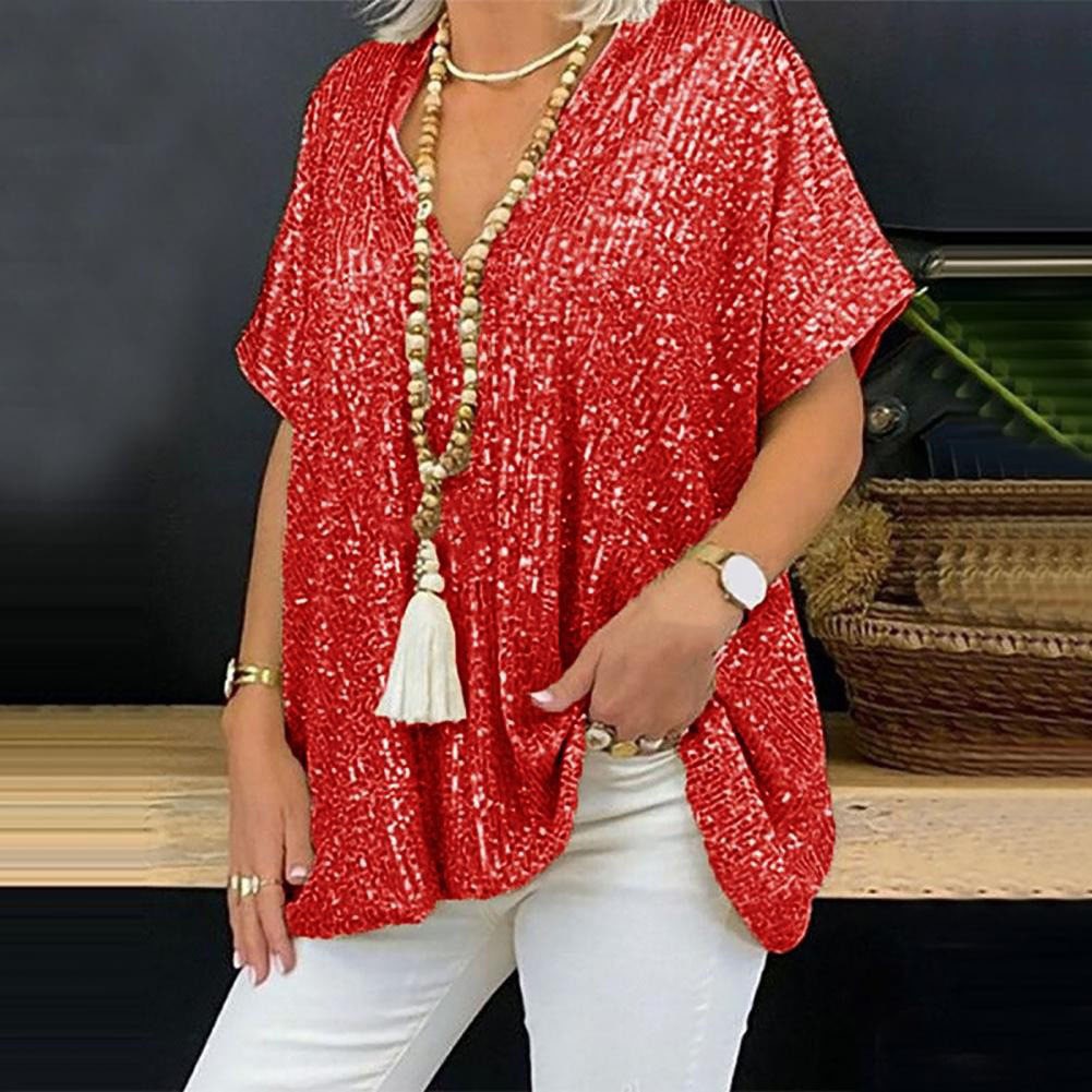 Camiseta de manga corta con lentejuelas y cuello en V, estilo urbano informal, holgada, de color, para mujer, nueva colección 2026 de Amazon, estilo europeo y americano.