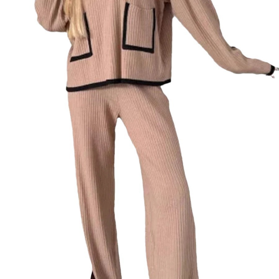 Ženska oblačila Jesenska kolekcija Kontrastne barve Ženski casual komplet Barvni bloki Žepni zgornji del Široke hlače Dvodelni komplet_voghion.com