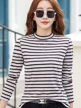 速卖通外贸444 半高领新款条纹女装打底衫春秋冬弹力百搭一件代发