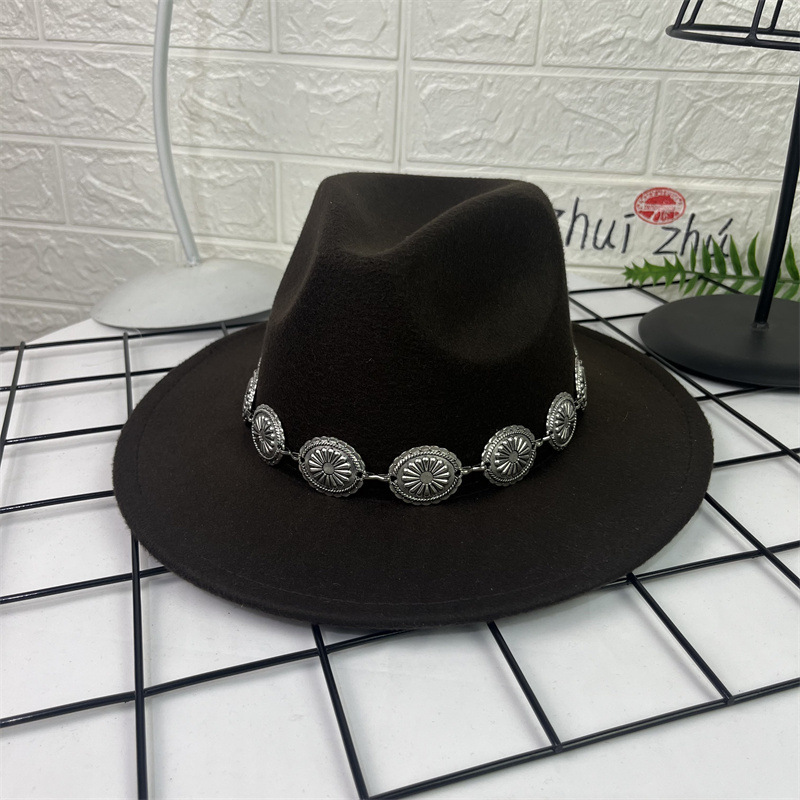 Sombrero de lana europeo y americano sombrero de fieltro de estilo británico decoración de cadena ovalada AliExpress sombrero de jazz borde plano sombrero superior para hombres