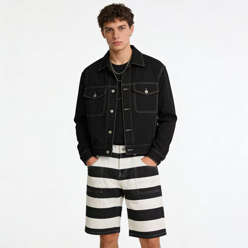 OKONKWO Men's Canvas Prisoner's Work Shorts Vintage Motorcycle Striped Mid-length Pants Ami Khaji