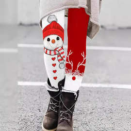 跨境外贸 2025亚马逊圣诞节印花松紧腰修身打底长裤子 一体裤女装