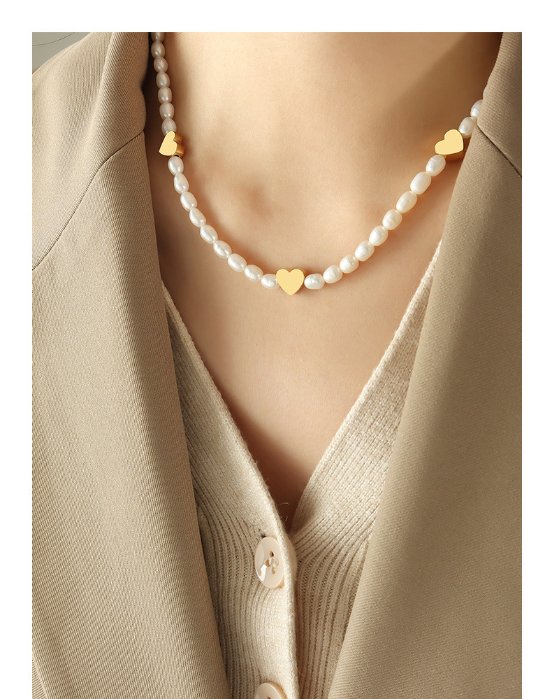 Elegant Heart Shape Titanium Steel Beaded Pearl Necklace