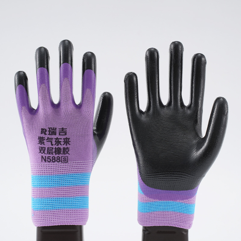 女士橡胶浸胶手套双层橡胶耐磨防护劳保手套透气防滑浸胶劳保手套