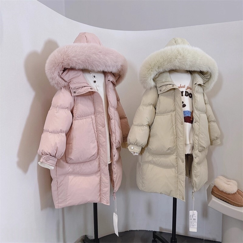 Girls' Winter Mid-Length down Cotton Coat with Hood and Large Fur Collar, Fashionable Korean-Style Cotton Jacket for Little Girls and Babies