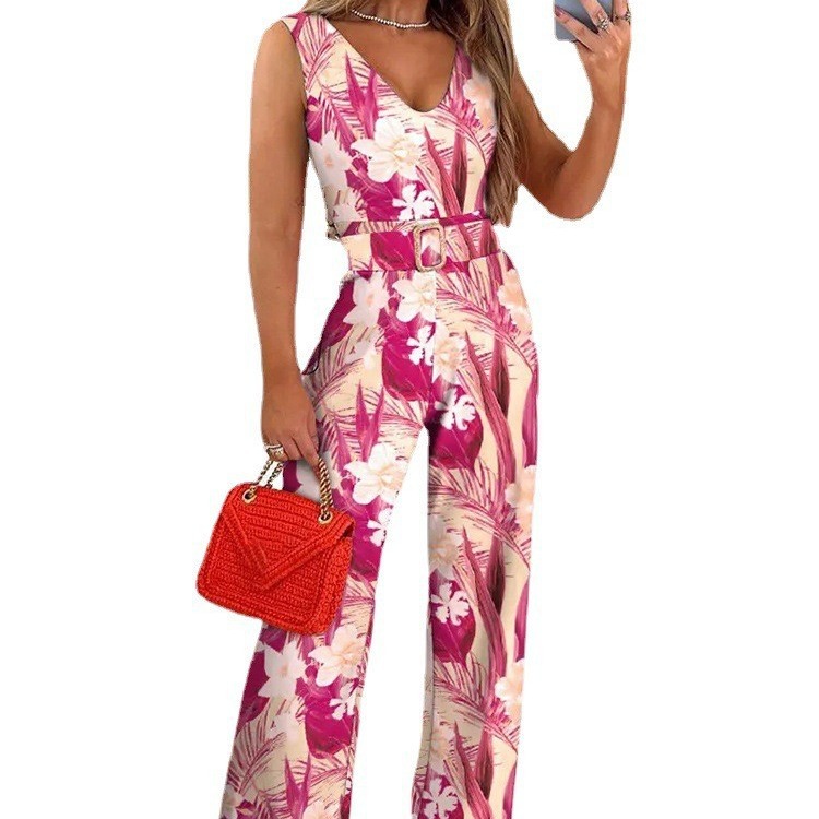 Amazon transfronteriza estilo europeo y americano nuevo verano de las mujeres impresas con cuello en V sin mangas SLIM-Fit sexy jumpsuit Pants