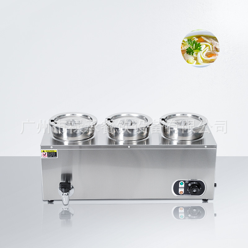 商用三头电热快餐保温桶台式暖汤池不锈钢保温食堂圆桶4L加热汤锅