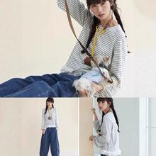 条纹T恤 2025冬季新款 甜美森系花边拼接上衣女长袖打底衫825-346