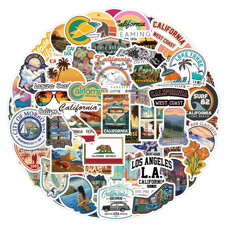 60 Pieces of California Scenery Graffiti Stickers for Car Trunks, Water Bottles, Notebooks, and Light Car Body Modifications