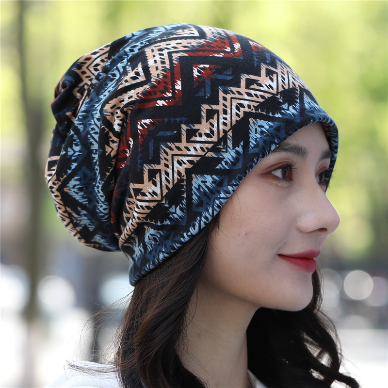 亞馬遜新款彈力棉包頭帽女士多用頭巾扭帽圍脖堆堆月子帽菱形圖案
