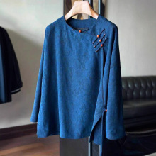 巨好看的早秋上衣女2025新款新中式国风气质小众轻熟蓝色盘扣衬衫