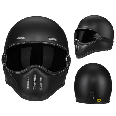 Motorcycle Safety Supplies, Carbon Fiber Retro Helmet Motorcycle - fiberglass-obsidian-matte-black-brown-lenses-m56-57-head-circumference