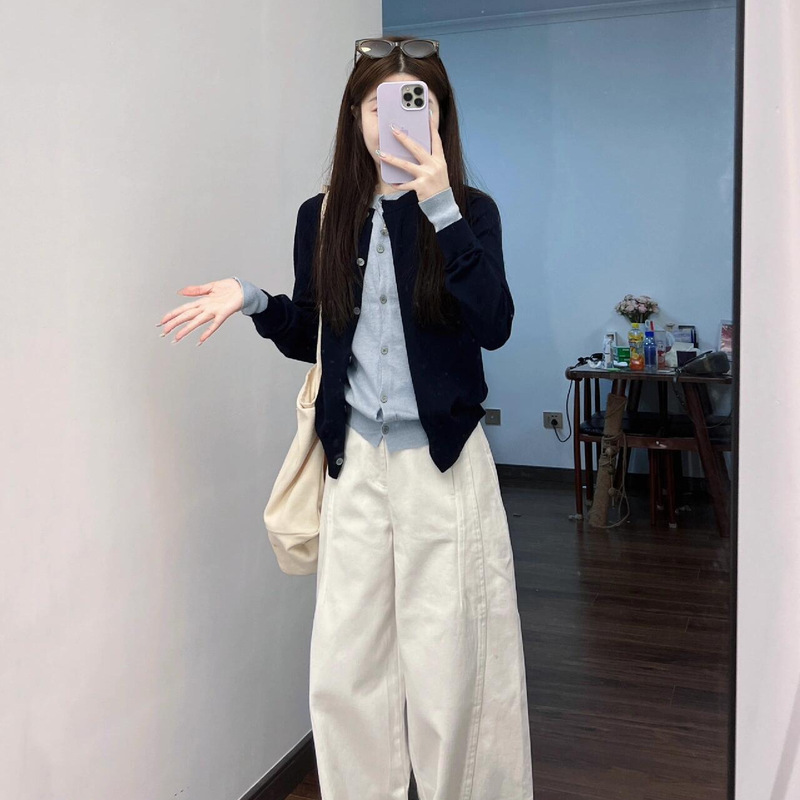 韩系撞色假两件针织开衫女早秋设计感毛衣外套秋冬时尚高级感上衣|undefined