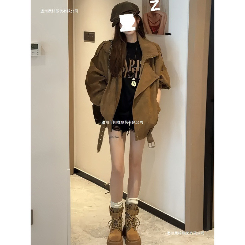 Retro Maillard Suede Motorcycle Jacket Women's Autumn Casual Loose Lapel Silhouette Work Jacket Top