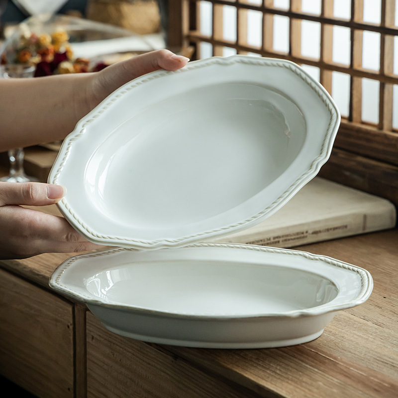 Cerámica retro francesa en relieve de alta calidad, platos de comida occidentales, platos de pescado al vapor, platos de ensalada de frutas, platos al por mayor