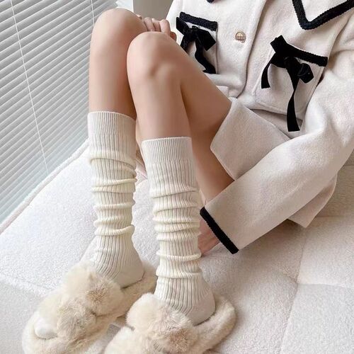 Calf socks, autumn and winter thickened velvet warm stockings, college style slimming striped pile socks, solid color long boot socks