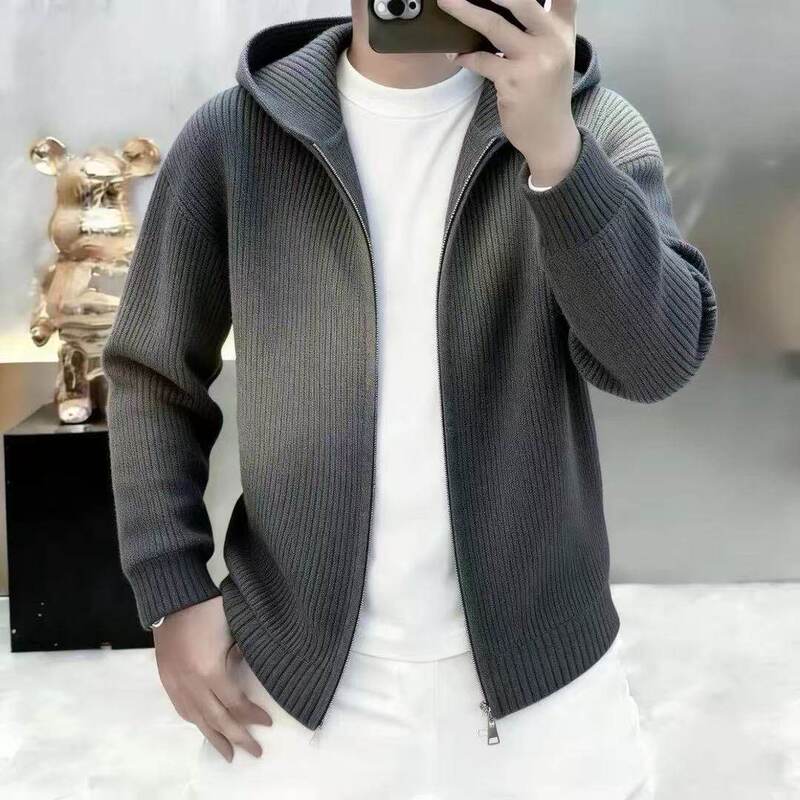 Foreign Trade Wholesale Amazon 2026 High-End Hooded Knitted Cardigan for Men, New Spring and Autumn Fashion, Simple Solid Color