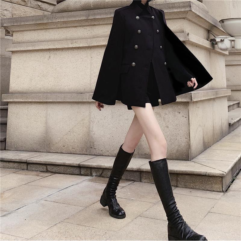 Winter K-Style 2025 New Internet Celebrity Black Cape Outwear Versatile Loose Stand-Up Collar Mid-Length Woolen Outwear for Women