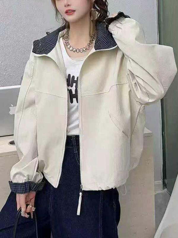 2025春季新款宽松大码连帽长袖工装风外套女 休闲百搭纯色棒球服|undefined