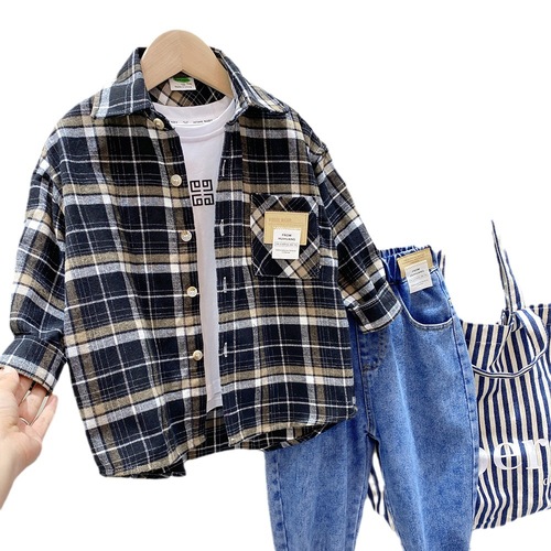 Boys' long-sleeved shirts, spring and autumn children's clothing, 2024 new style, medium and large boys' spring casual plaid shirts, Korean version trendy