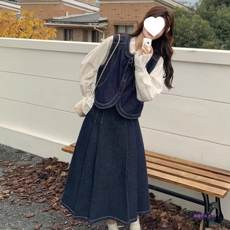 韩系牛仔套装裙女春秋2025新款小个子学院风马甲半身裙两件套韩系|undefined