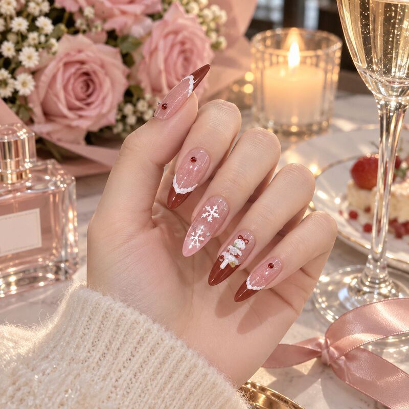 ins-style nail stickers, high-quality nail art, Christmas-themed fake nails, European and American style 3D nail stickers, popular 24-piece set, trending on TikTok