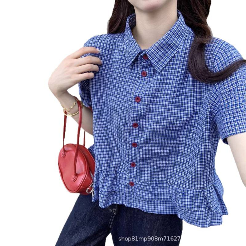 法式蓝色格子泡泡袖衬衫女2025夏季miu系通勤开衫荷叶边衬衣上衣|undefined