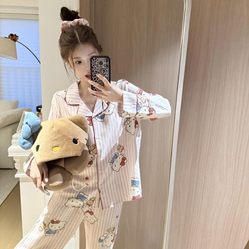 韩系条纹可爱hellokitty睡衣女春秋2025新款少女甜美家居服可外穿|undefined