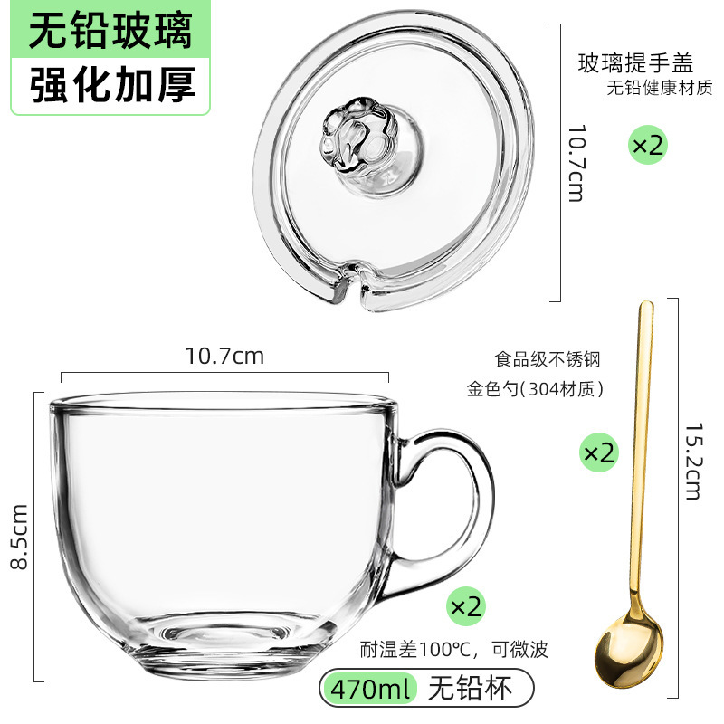 470ml无铅早餐杯（2只）+玻璃盖（2只）+金色勺子（2只）
