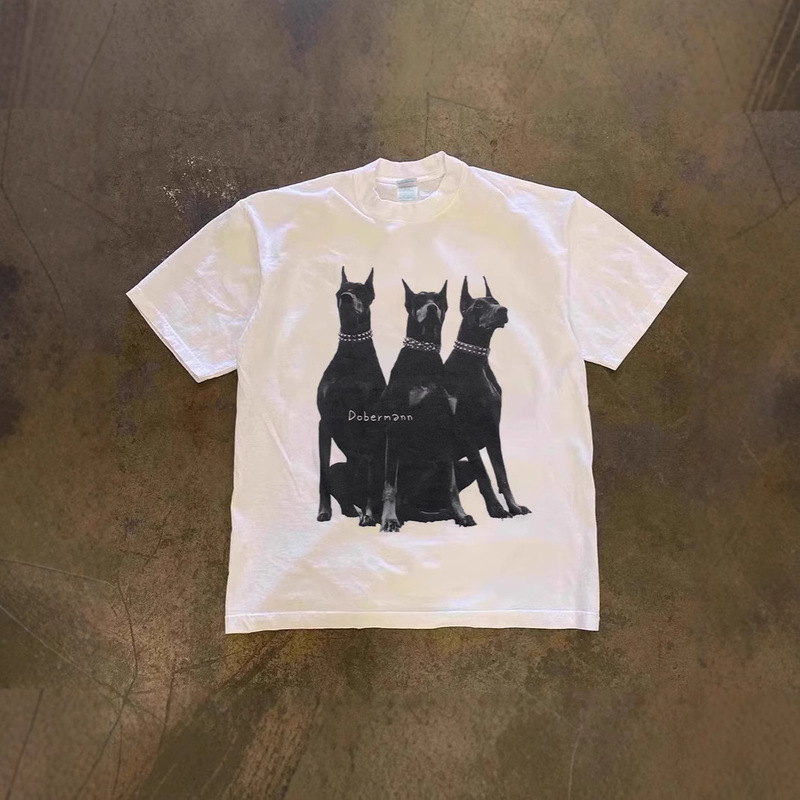 250g Heavy Cotton! American Oversize Three Doberman Pinscher Print Couple Women's Loose Short-Sleeved T-Shirt for Men