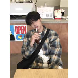 日系少年感格子衬衫男春秋新款高级感宽松内搭潮牌长袖衬衣外套