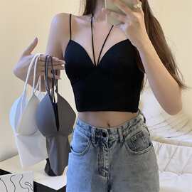 纯欲辣妹挂脖冰丝吊带美背背心固定杯带胸垫裹胸外穿打底抹胸上衣