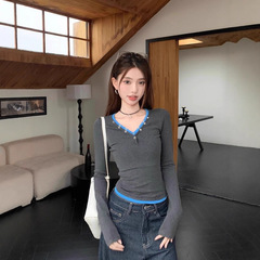 美式辣妹假两件V领短款修身长袖t恤女春秋内搭打底衫灰色紧身上衣
