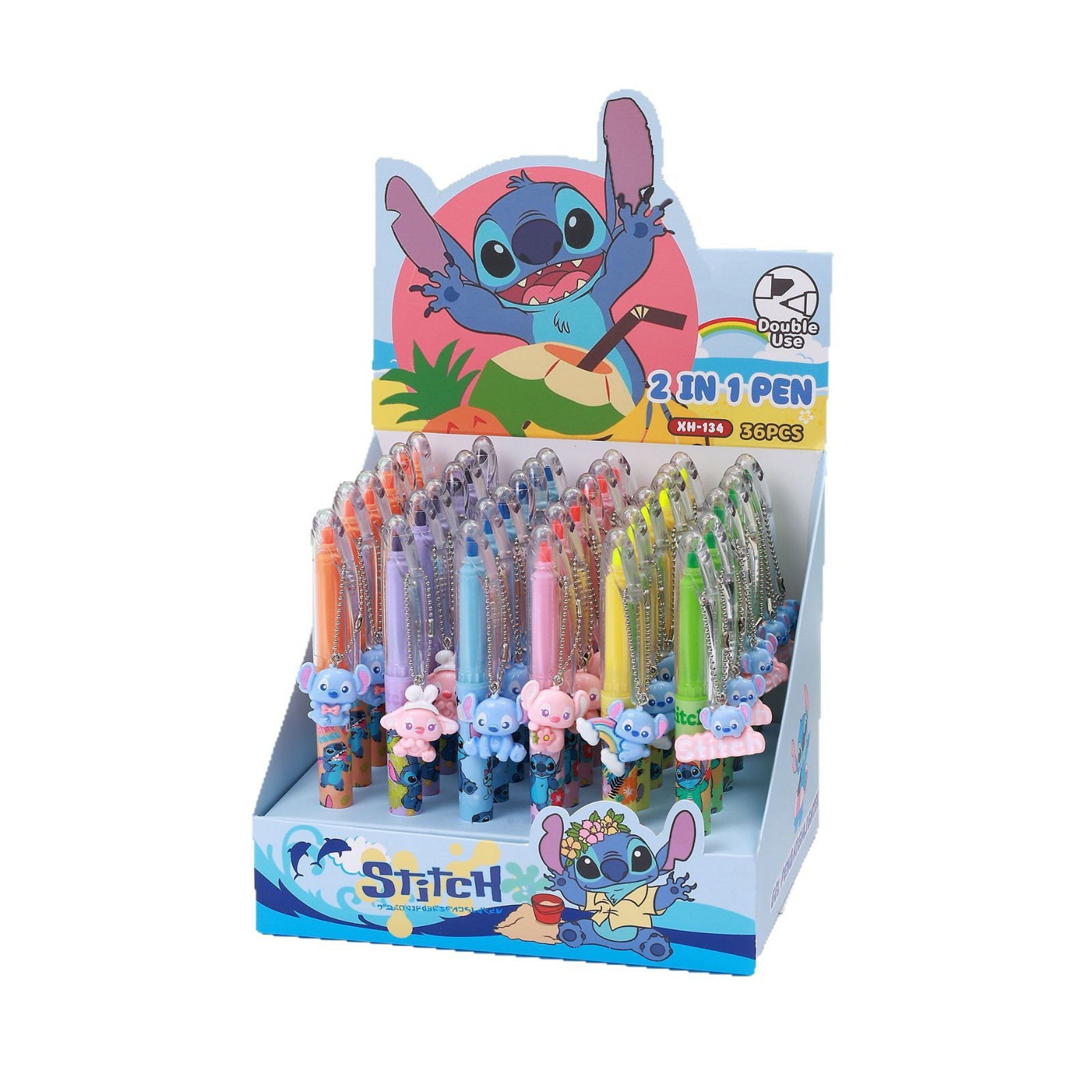 Stitch Gestion de doble cabeza resaltador colgante de dibujos animados de seis colores bolígrafo negro bolígrafo de notas de dibujos animados estudiante papelería transfronteriza