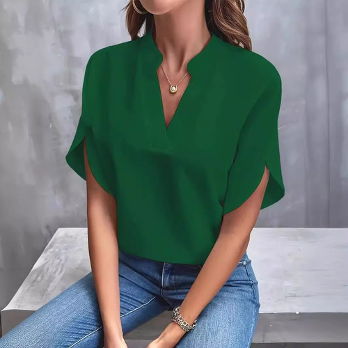 Amazon European and American Women's 2025 Summer Casual Solid Color V-Neck Loose Shirt Top for Women