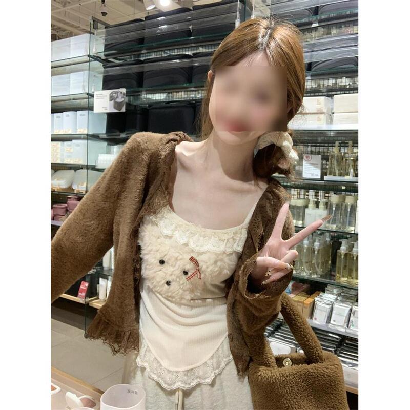 Cute Puppy Camisole for Women, Autumn and Winter Pure Desire Spicy Girl Style, High-End Tube Top with Fur, Lace Base Shirt Inner Wear