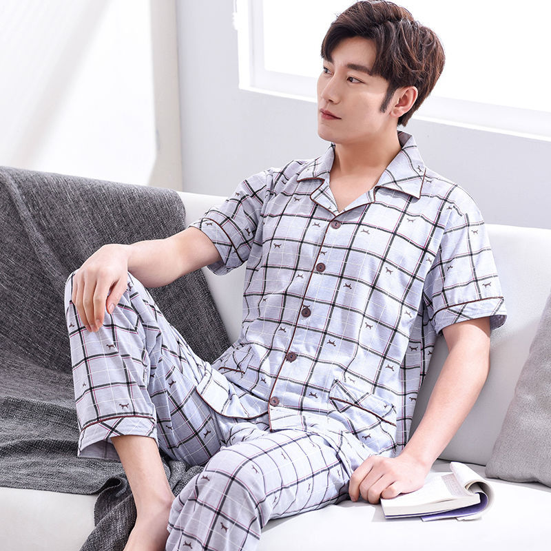 Pijamas de hombre ropa de verano 100% algodón pantalones de manga corta chaqueta juvenil traje de homewear delgado de mediana edad
