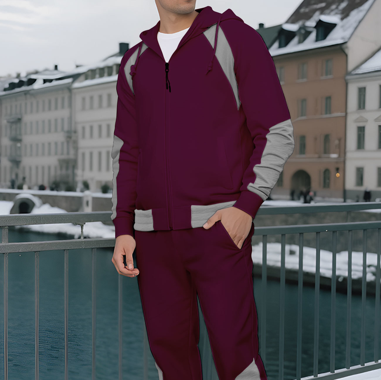 Europa y los Estados Unidos transfronterizos otoño y invierno deportes de ocio con cremallera hombre cardigan conjunto de suéter empalmado color contrastante capuchón suelto dos piezas conjunto