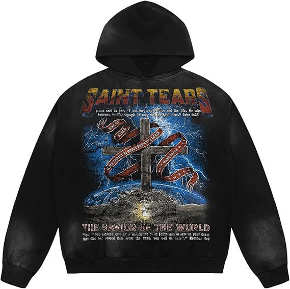 Cross-Border Amazon Holy Tears Series Retro Distressed Hooded Sweatshirt Religious Style Printed High Street Loose Men and Women