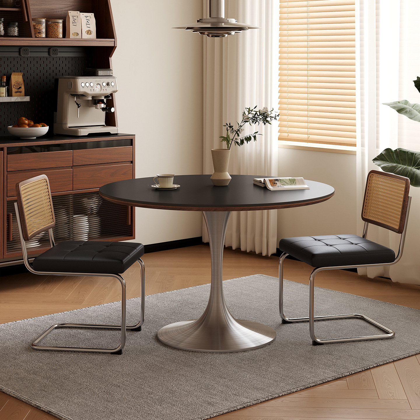 March Mid-Century Style Bauhaus Slate Round Dining Table Retro Home Stainless Steel Light Luxury Internet Celebrity Solid Wood Dining Table