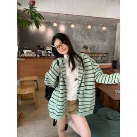 绿色条纹毛衣外套女秋季慵懒宽松复古休闲连帽开衫上衣