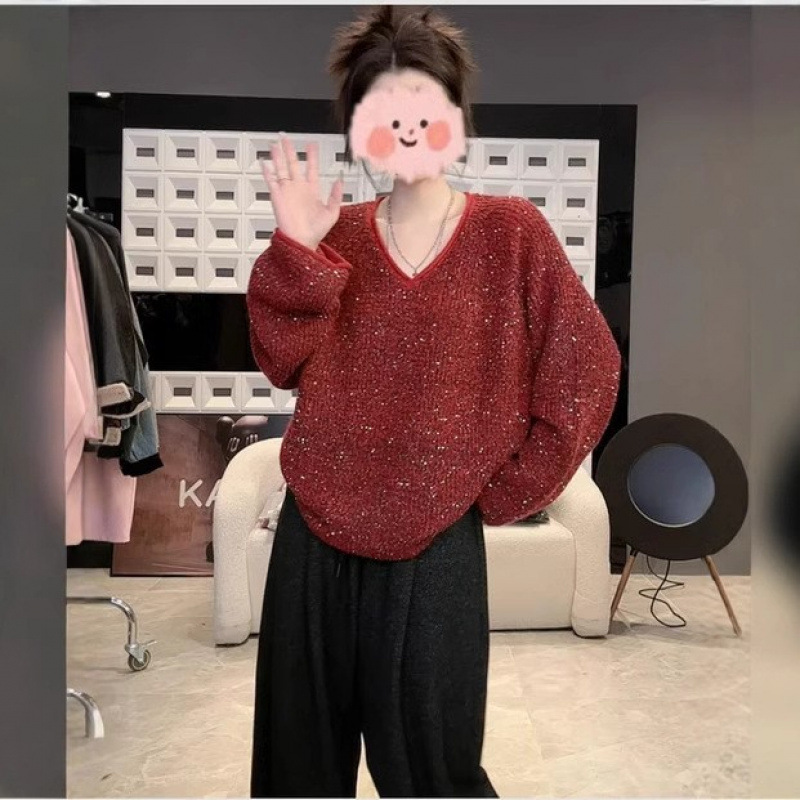 [Camiseta de fiesta] Suéter de manga larga con lentejuelas con cuello en v de otoño e invierno, top suelto de moda para mujer
