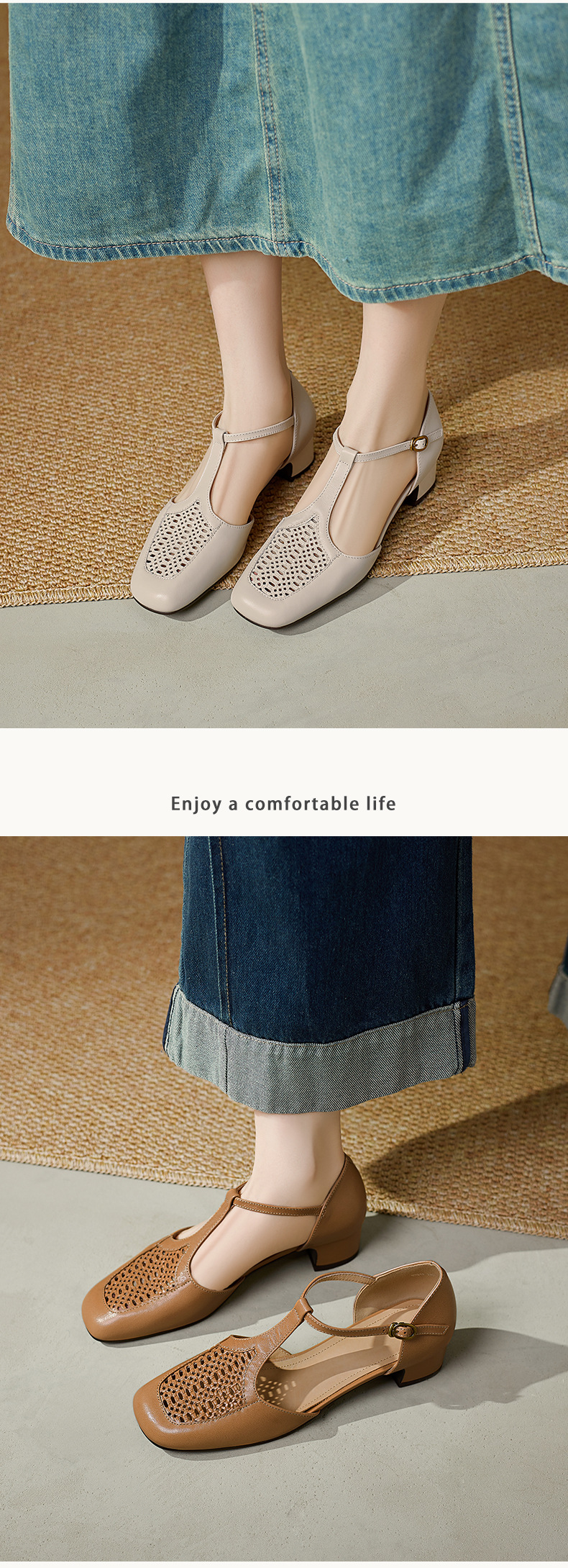 Sandal nữ da cừu thấp gót dệt vintage bít mũi quai chữ T — màu trắng ngà chi tiết 8