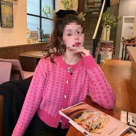 小香风温柔系软糯感毛衣开衫外套女春装甜美格子针织衫外搭上衣秋