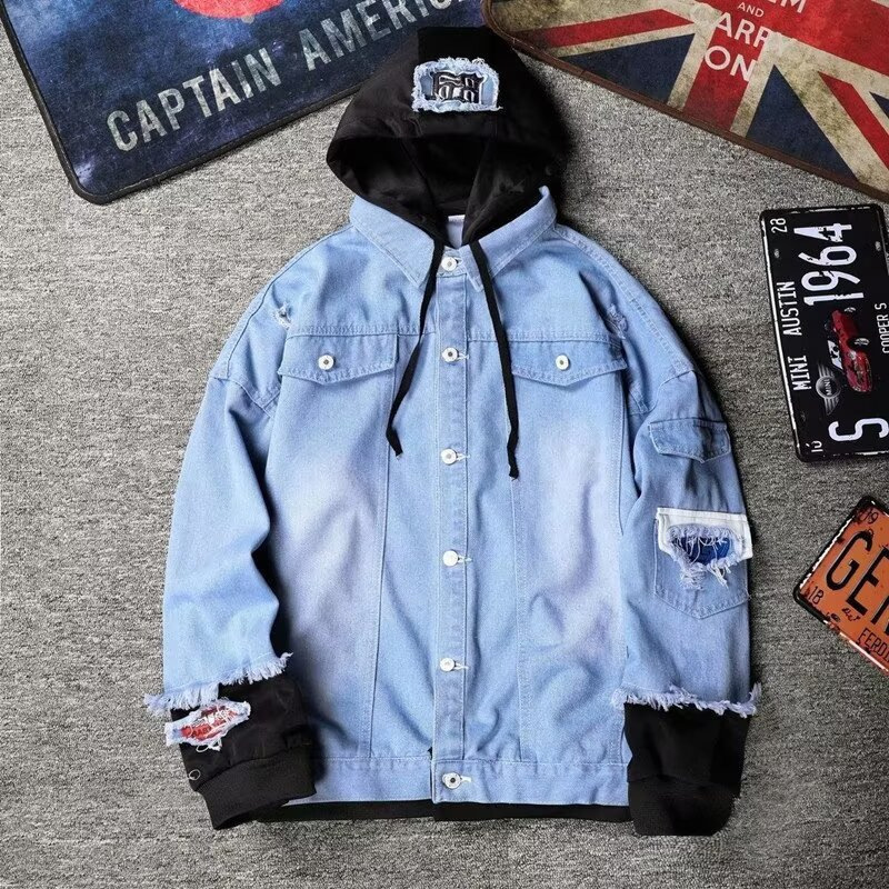 Men's Spring and Autumn Trendy Jacket 2026, Teenage Patchwork Denim Jacket, Student Casual Hooded Baseball Jacket Men's Spring and Autumn Trendy Jacket 2026, Teenage Patchwork Denim Jacket, Student Casual Hooded Baseball Jacket