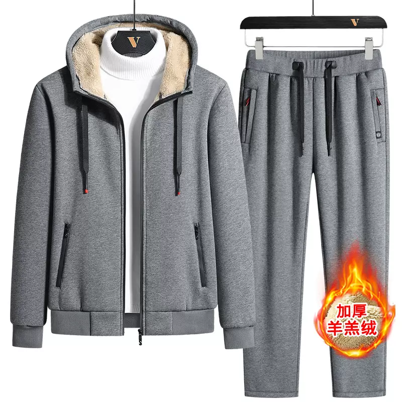 2024羊羔绒秋冬季男士加绒加厚保暖两件套连帽开衫卫衣休闲运动服