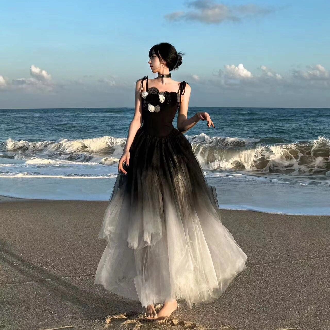 Francés pesado negro gradiente mallas vestidos de acero mujeres vacaciones de verano irregulares harness vestido de noche de cumpleaños image 1