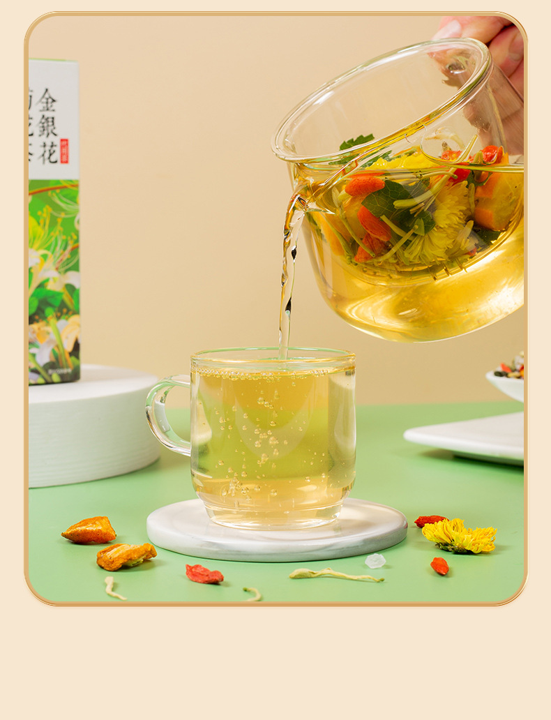 Honeysuckle Chrysanthemum Herbal Tea Blend with Dandelion Goji Berry Mint and Mulberry Leaf 100g Gift Box in use